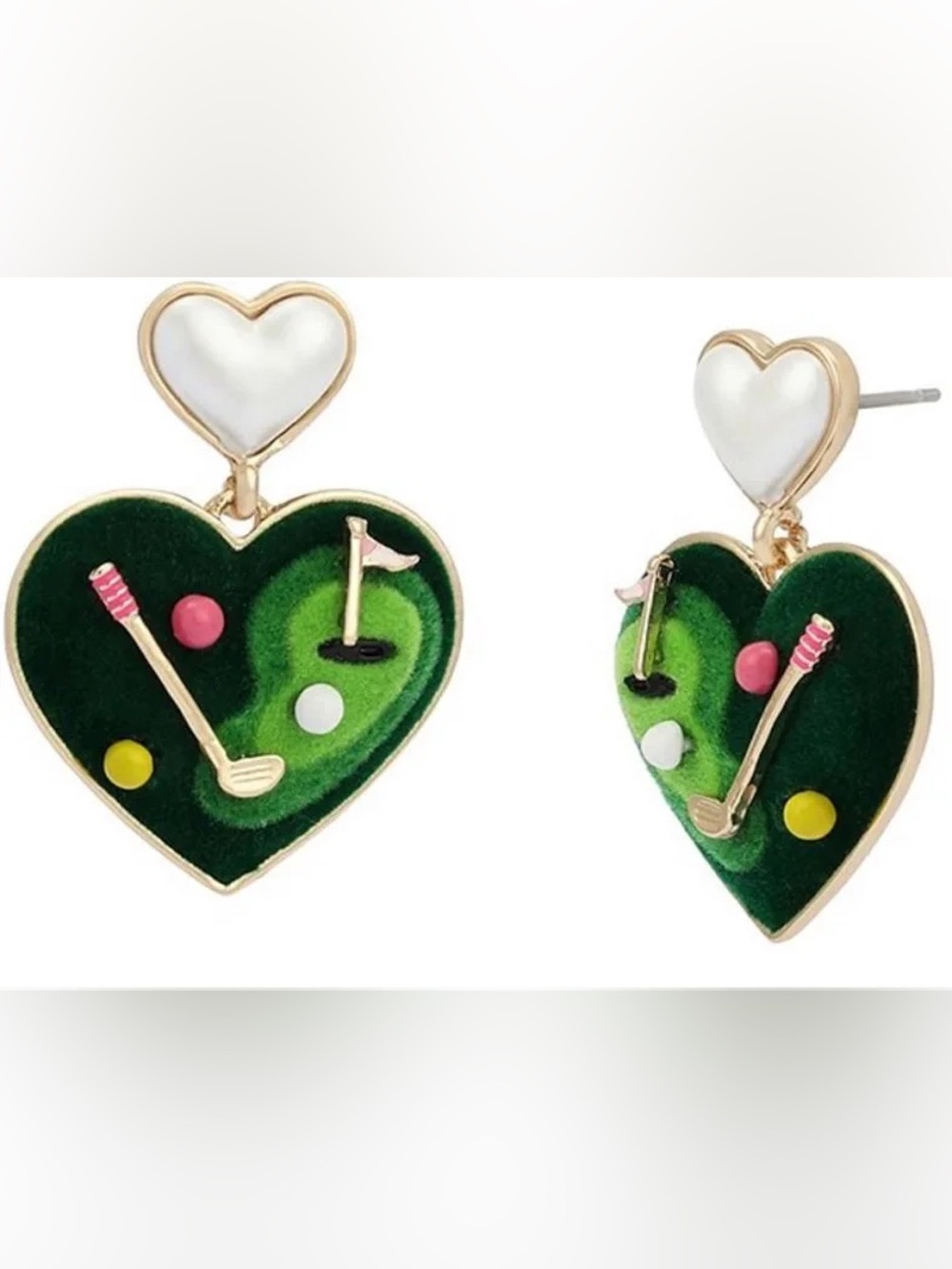 Betsey Johnson Green Heart Golf Enamel Drop Earrings with White Faux Pearl Heart